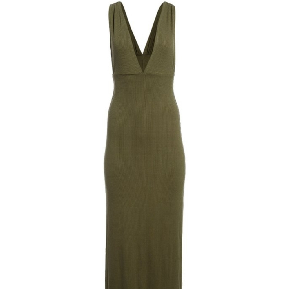 Olive sleeveless maxi v neck dress